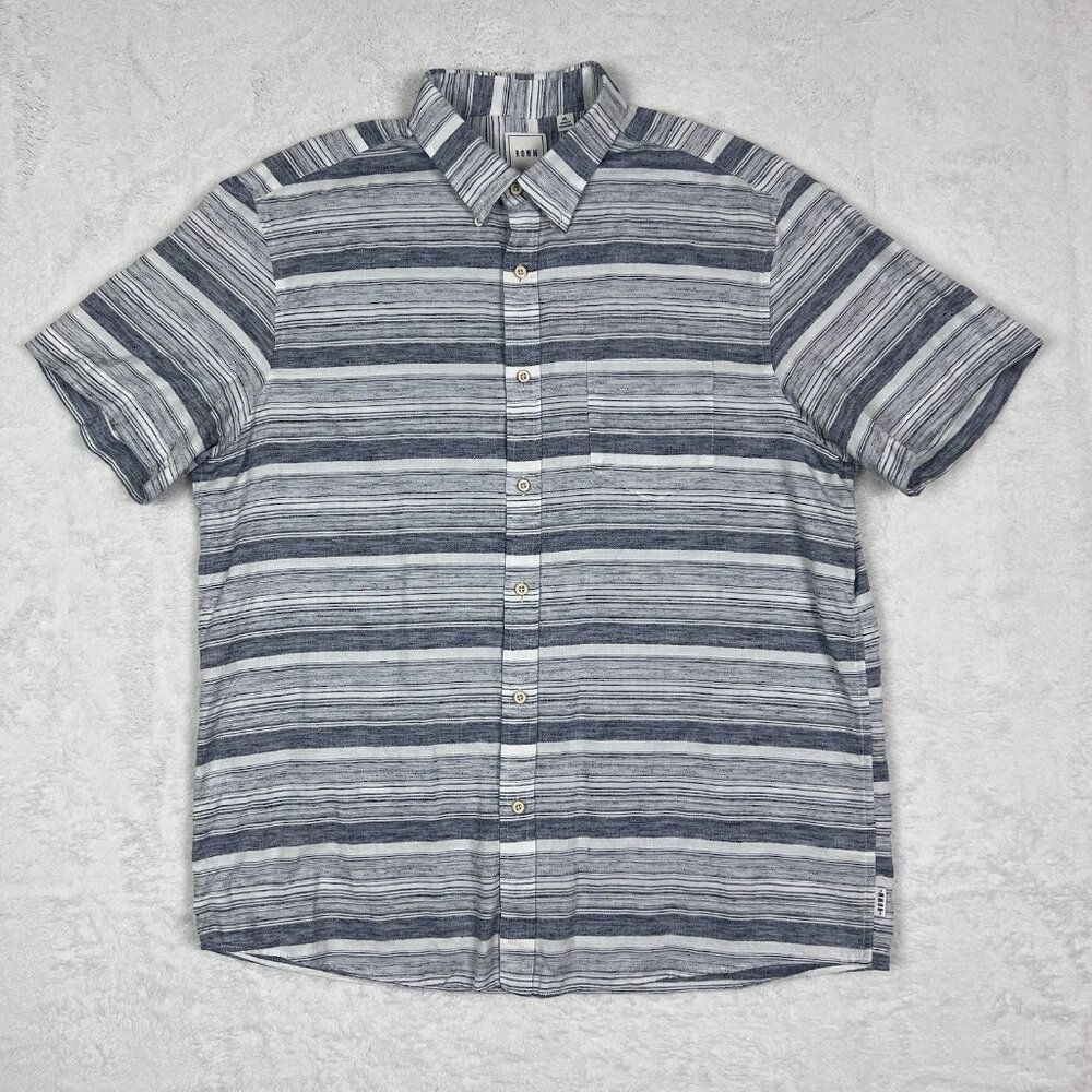 Rowm‎ Shirt Mens XL Short Sleeve Blue Striped Cotton/Poly Casual Button Up